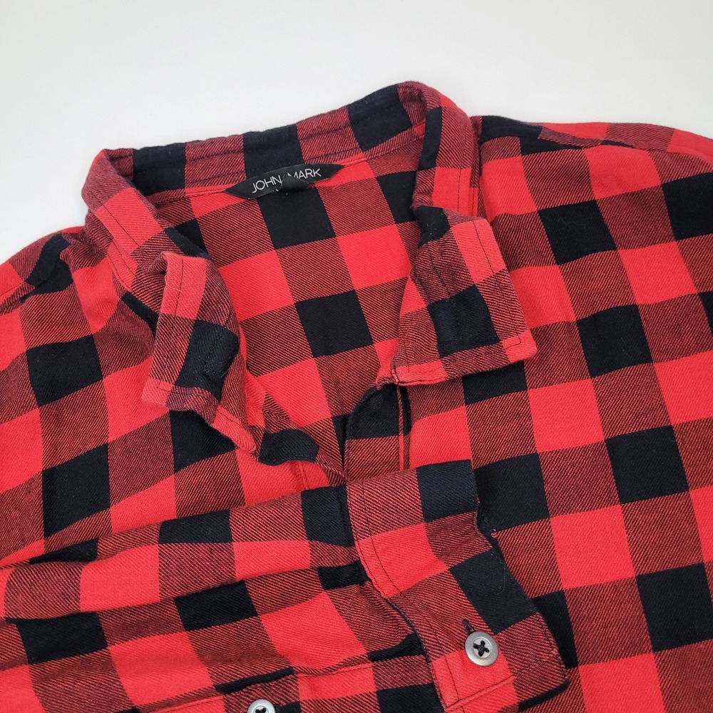 John Mark Plaid Peplum Tunic Womens Large Red Black Buffalo Check Flannel Top
